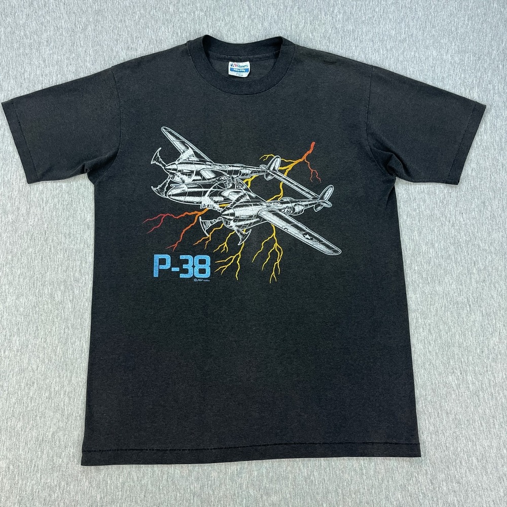 Vintage P-38 Lightning T-Shirt Mens L Gray/Black Single Stitch USA 90s Malibu